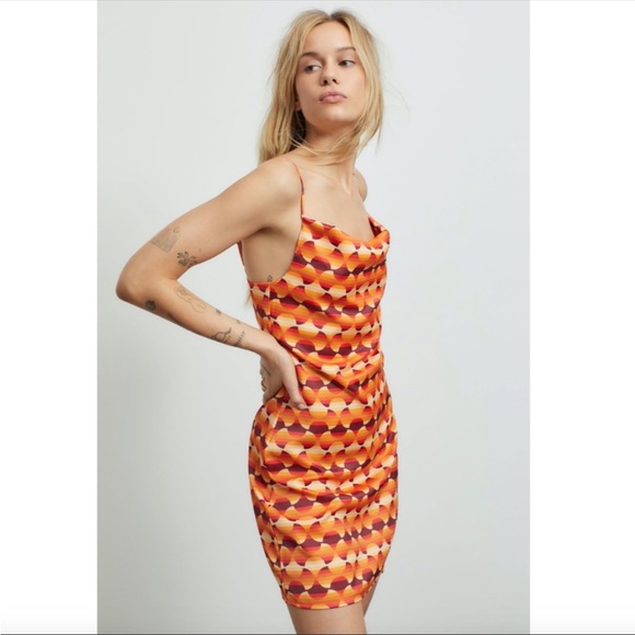 Urban Outfitters | UO Mallory Cowl Mini Slip Dress Retro Orange Satin New Medium - Picture 3 of 13